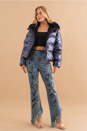Sequin Puffer Quilted Fur Hooded Zip Up Coat-Coat-Blue B-S-NAVY-Urbanheer