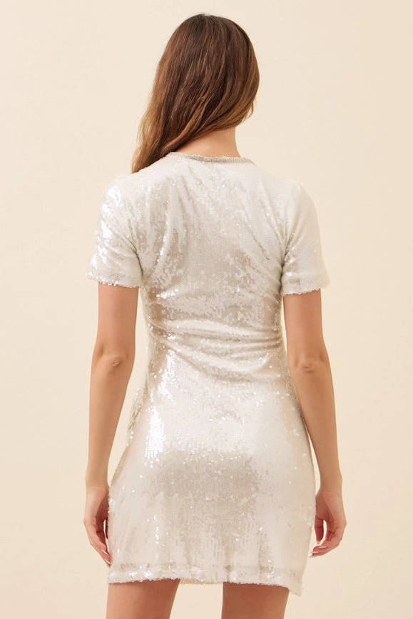 Sequin Short Sleeve Mini Dress with Flower Trim WHITE-Dress-RIVIR-S-Urbanheer