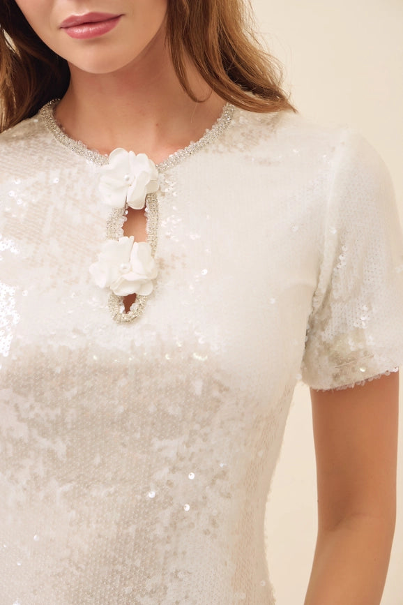 Sequin Short Sleeve Mini Dress with Flower Trim WHITE-Dress-RIVIR-S-Urbanheer