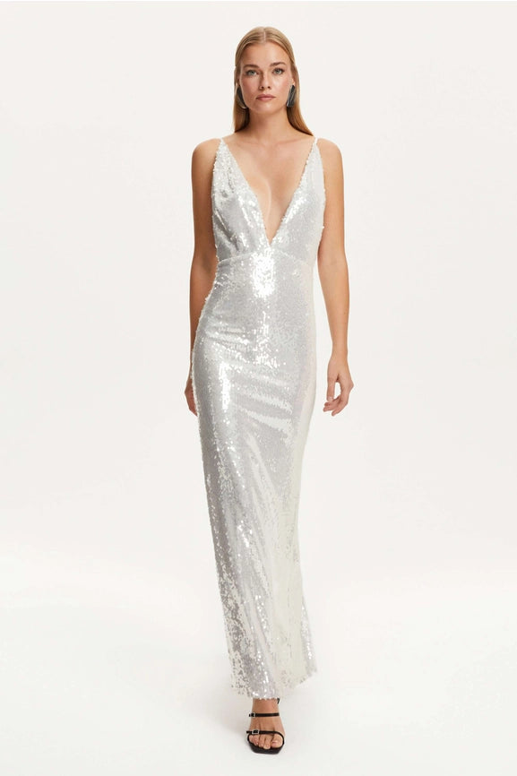 Sequined Thin Strap Long Dress-Dress-NOCTURNE-XS-off-white-Urbanheer