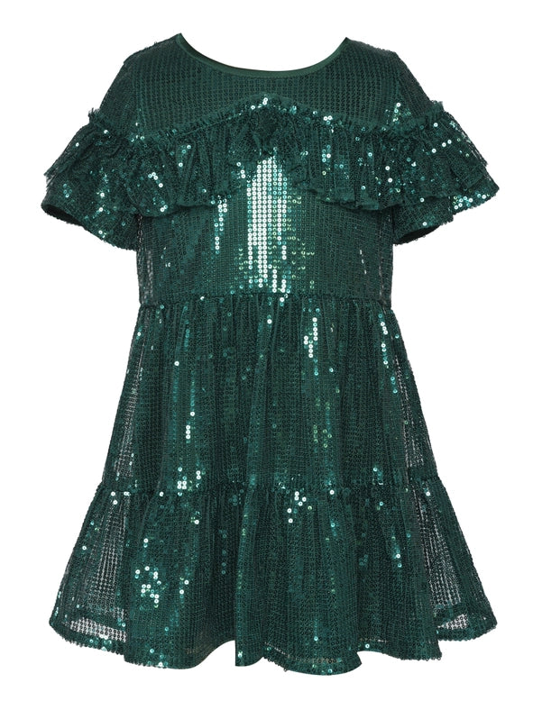 Sequined Tiered Dress with Shoulder Ruffle-Dress-Hannah Banana-12M-GREEN-Urbanheer