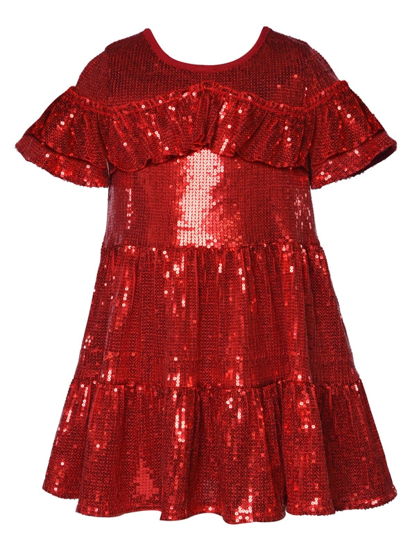 Sequined Tiered Dress with Shoulder Ruffle-Dress-Hannah Banana-12M-RED-Urbanheer