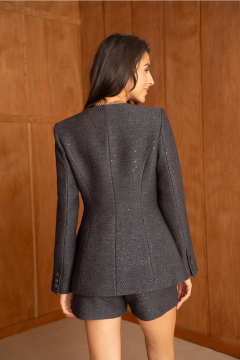 Sequined Tweed Jacket with A Round Neckline Made of Wool
