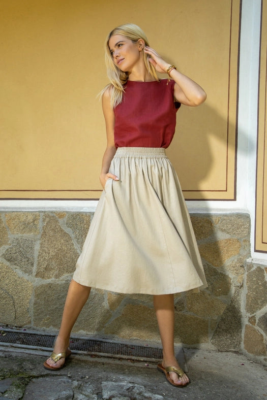 Seville Linen Pleated Midi Skirt-Skirt-Truly Linen-XS-sand-Urbanheer