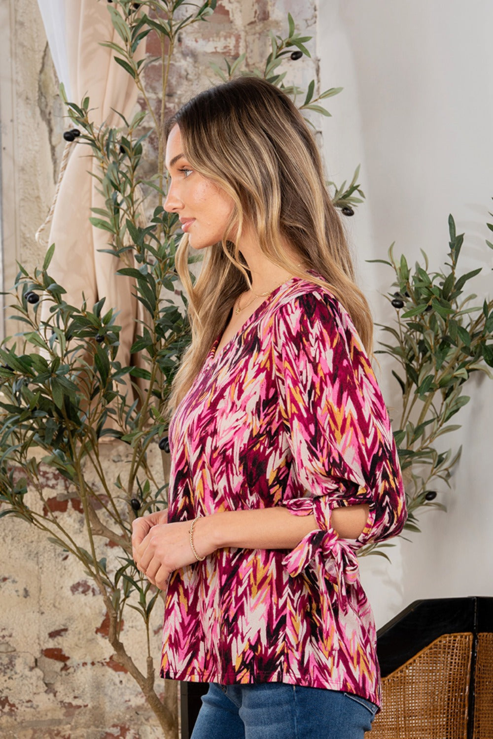 Sew In Love Full Size Printed V-Neck Blouse with Sleeve Knot-Street 360-Fuchsia/Mustard-S-Urbanheer