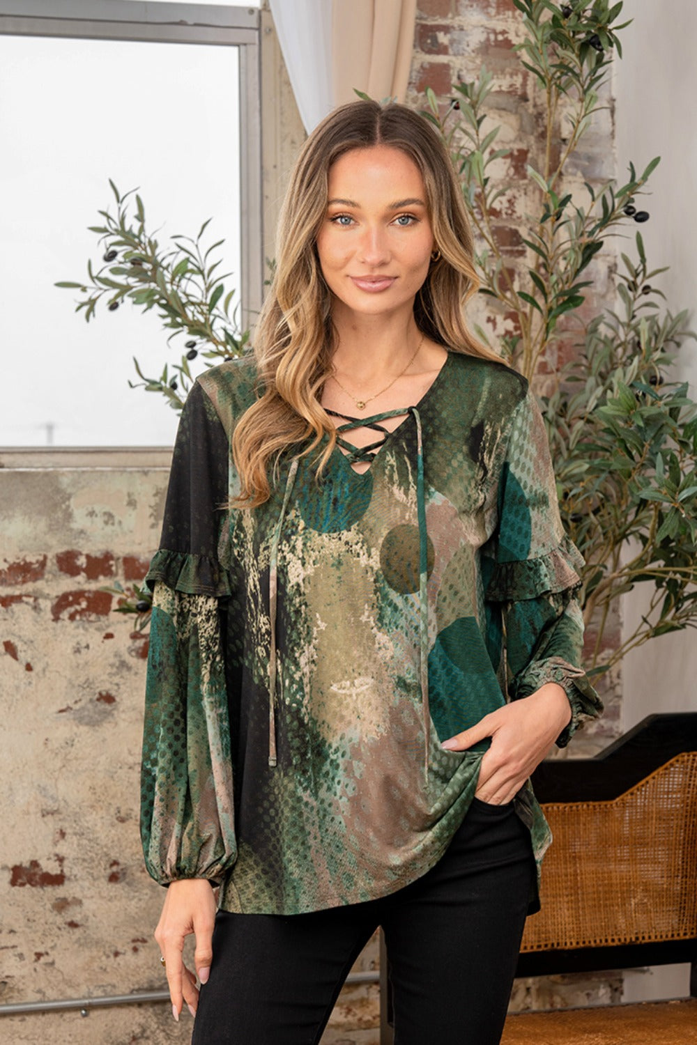 Sew In Love Full Size Snakeskin Print Long Sleeve Top with Ruffle-Street 360-Olive-S-Urbanheer