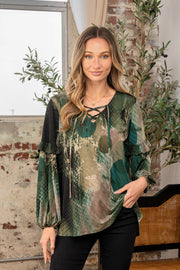 Sew In Love Full Size Snakeskin Print Long Sleeve Top with Ruffle-Street 360-Olive-S-Urbanheer