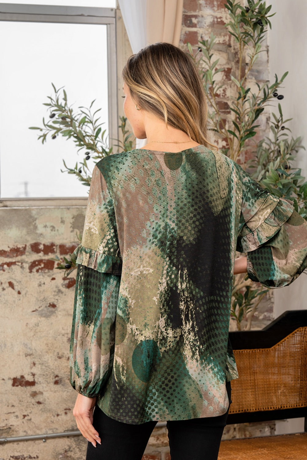 Sew In Love Full Size Snakeskin Print Long Sleeve Top with Ruffle-Street 360-Olive-S-Urbanheer