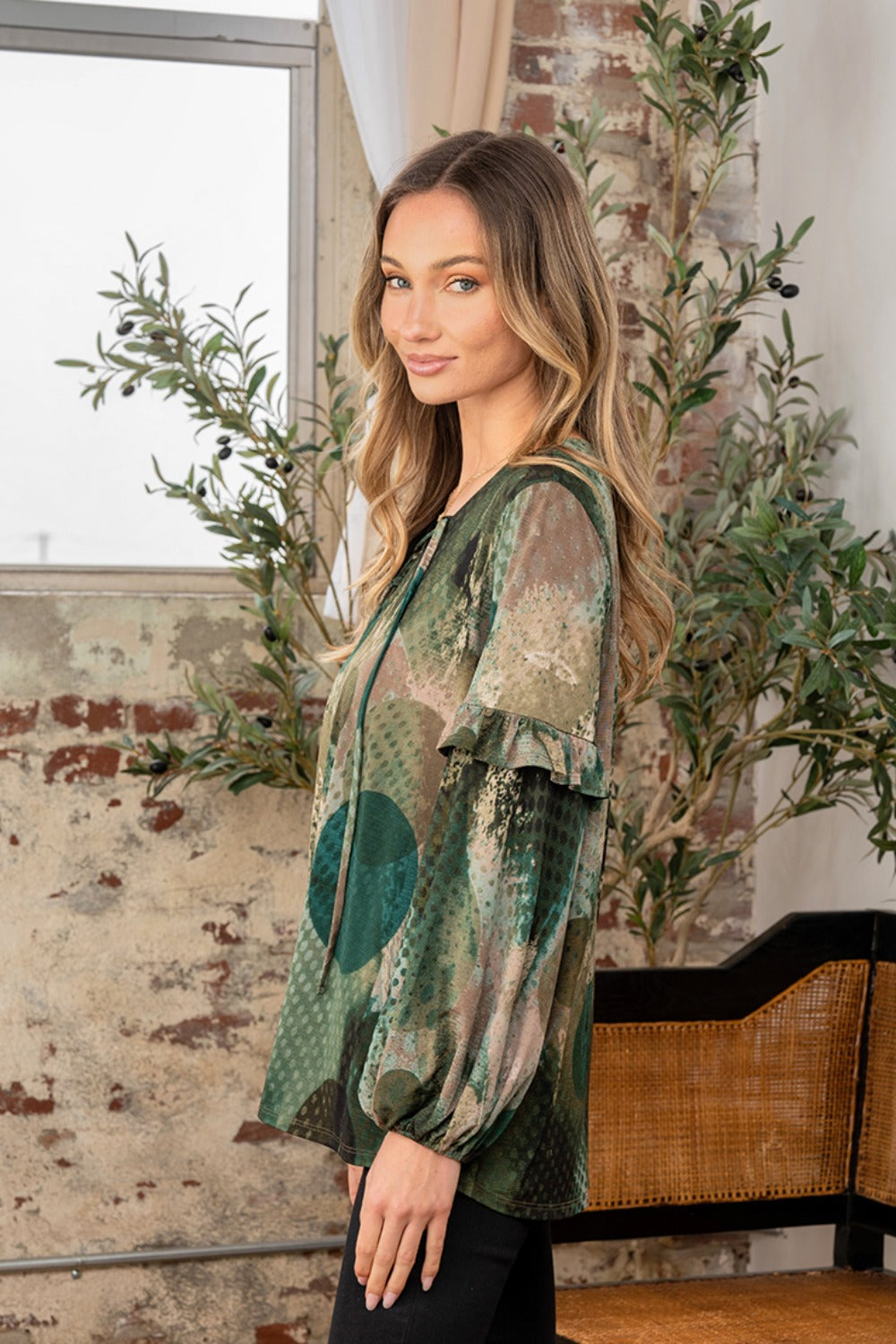 Sew In Love Full Size Snakeskin Print Long Sleeve Top with Ruffle-Street 360-Olive-S-Urbanheer