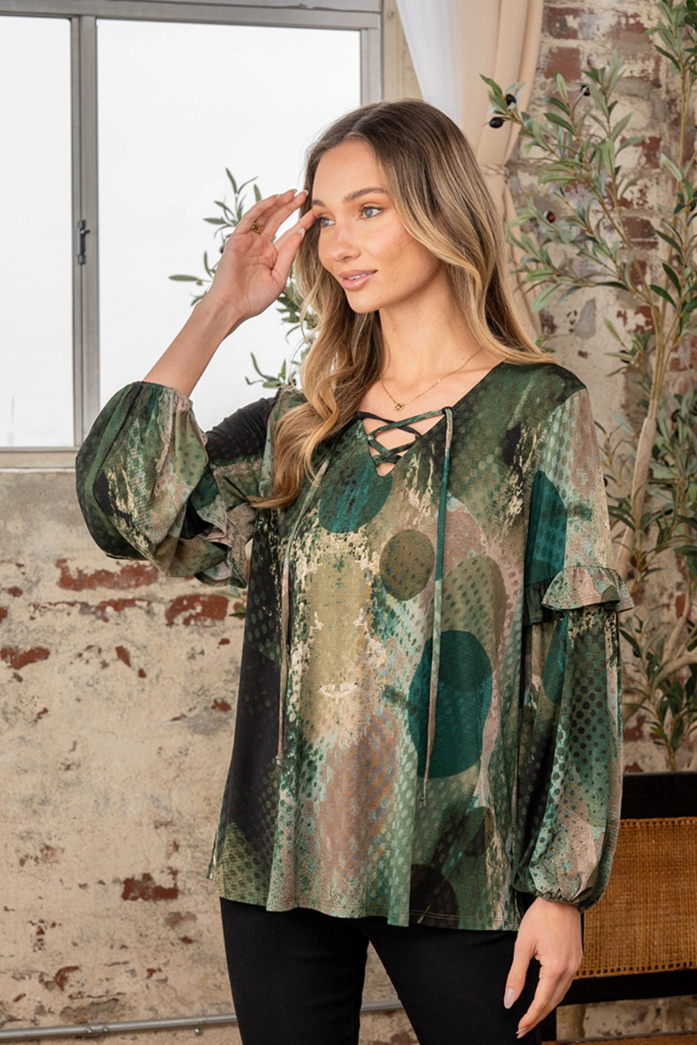 Sew In Love Full Size Snakeskin Print Long Sleeve Top with Ruffle-Street 360-Olive-S-Urbanheer