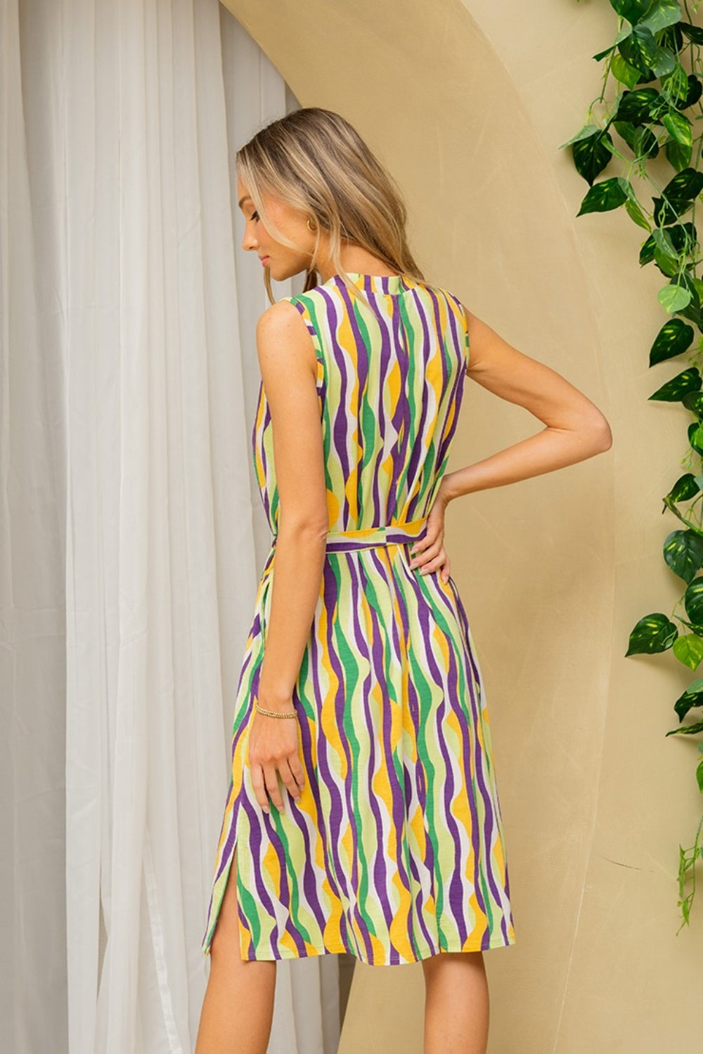 Sew In Love Full Size Stripe Tied Sleeveless Dress With Side Pockets-Street 360-Green/Purple-S-Urbanheer
