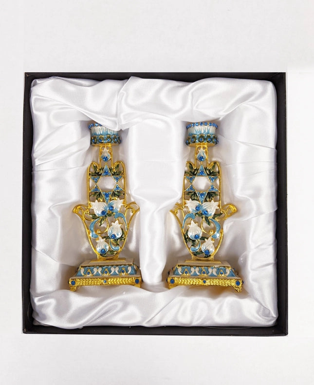 Shabbat Pair Of 2 Blue Floral Hamsa Hand Candle Holder-Candle Holder-Nouvelle Collections-Measuring 5 1/2" tall-Urbanheer