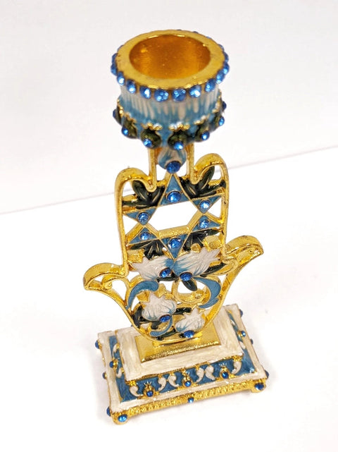 Shabbat Pair Of 2 Blue Floral Hamsa Hand Candle Holder-Candle Holder-Nouvelle Collections-Measuring 5 1/2" tall-Urbanheer
