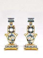 Shabbat Pair Of 2 Blue Floral Hamsa Hand Candle Holder-Candle Holder-Nouvelle Collections-Measuring 5 1/2" tall-Urbanheer