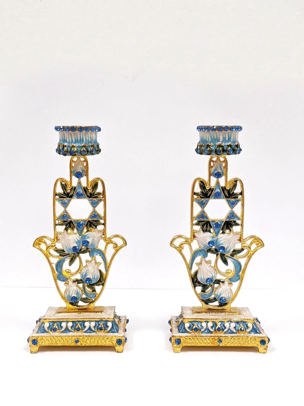 Shabbat Pair Of 2 Blue Floral Hamsa Hand Candle Holder-Candle Holder-Nouvelle Collections-Measuring 5 1/2" tall-Urbanheer