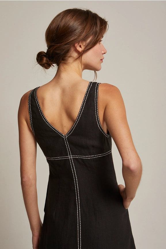 Shanelle Embroidery Stitch Linen Midi Dress-Dress-Crescent-XS-BLACK-Urbanheer