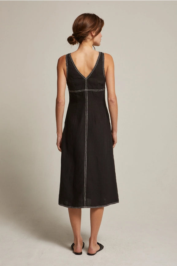 Shanelle Embroidery Stitch Linen Midi Dress-Dress-Crescent-XS-BLACK-Urbanheer
