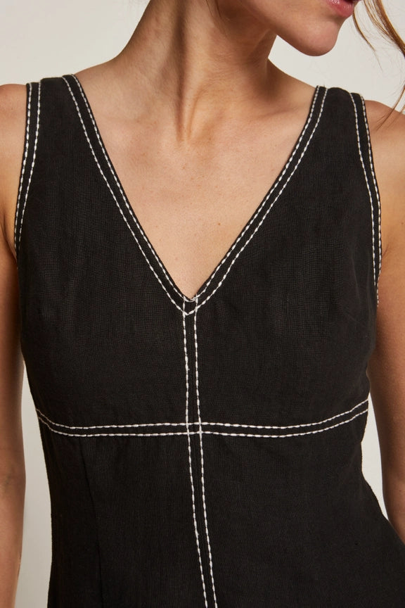 Shanelle Embroidery Stitch Linen Midi Dress-Dress-Crescent-XS-BLACK-Urbanheer