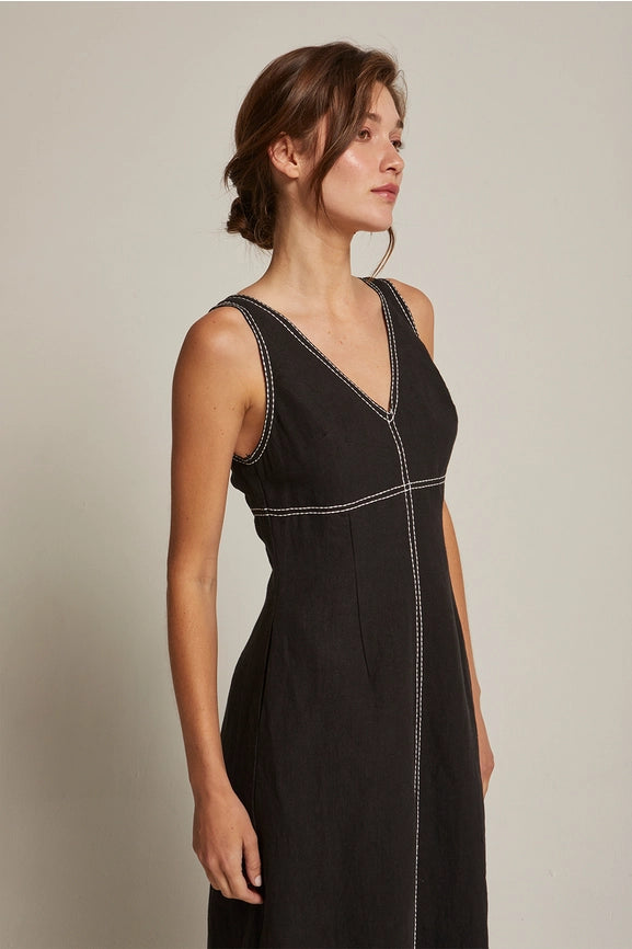 Shanelle Embroidery Stitch Linen Midi Dress-Dress-Crescent-XS-BLACK-Urbanheer