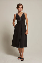 Shanelle Embroidery Stitch Linen Midi Dress-Dress-Crescent-XS-BLACK-Urbanheer