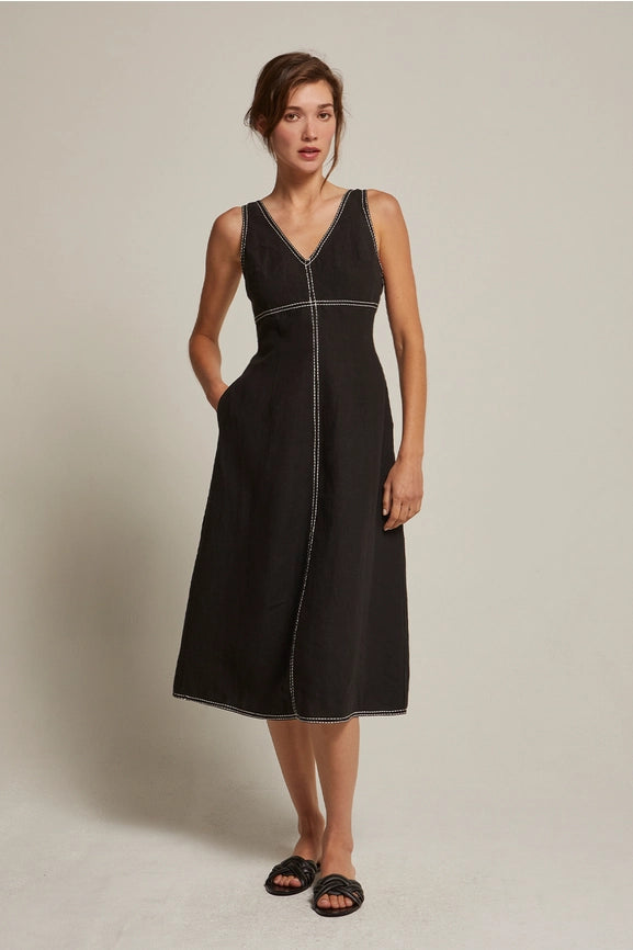 Shanelle Embroidery Stitch Linen Midi Dress-Dress-Crescent-XS-BLACK-Urbanheer