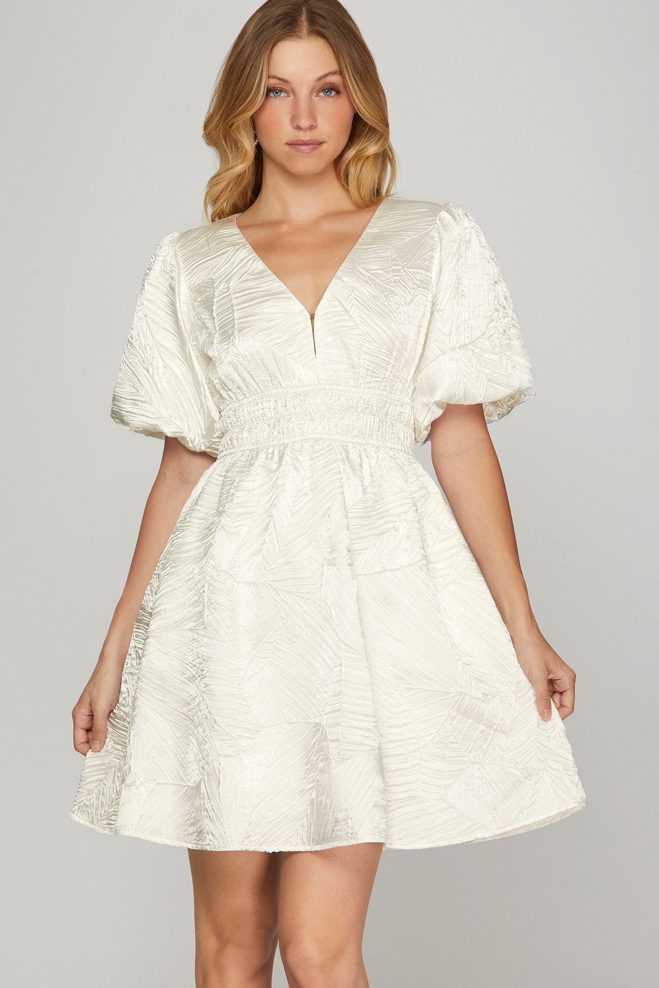 She + Sky Crinkle Woven V-Neck Balloon Sleeve Mini Dress-Street 360-OFF WHITE-S-Urbanheer