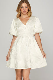 She + Sky Crinkle Woven V-Neck Balloon Sleeve Mini Dress-Street 360-OFF WHITE-S-Urbanheer