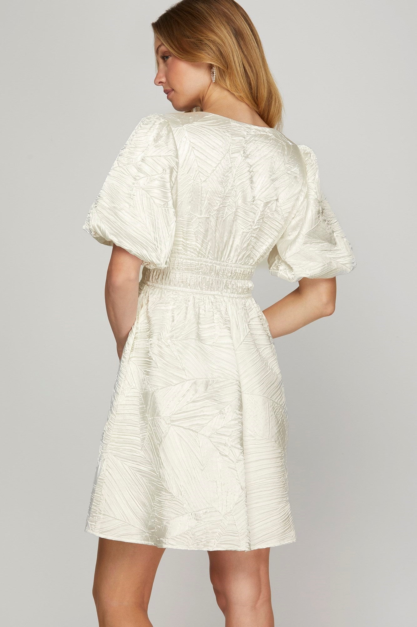She + Sky Crinkle Woven V-Neck Balloon Sleeve Mini Dress-Street 360-OFF WHITE-S-Urbanheer