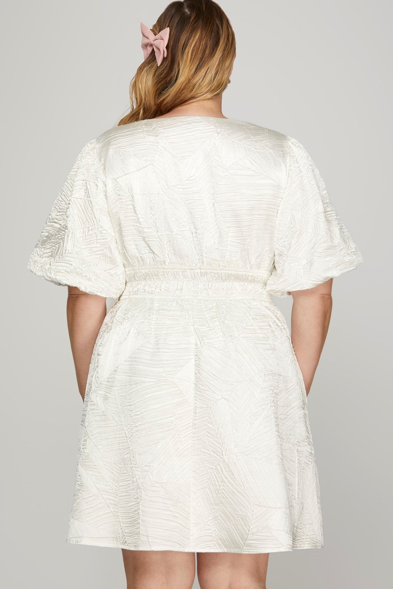 She + Sky Crinkle Woven V-Neck Balloon Sleeve Mini Dress-Street 360-OFF WHITE-S-Urbanheer