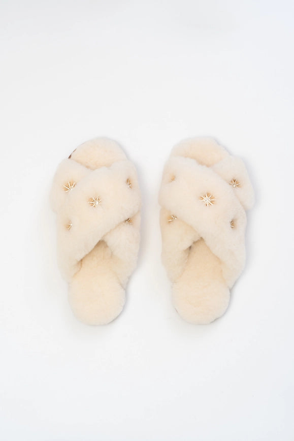 Sheepskin Slippers With Rhinestone-Slippers for Women-Pissenlit-7-Beige-Urbanheer