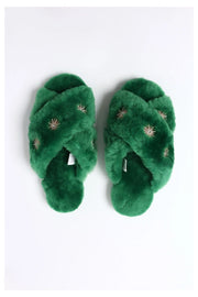Sheepskin Slippers with Rhinestone-Shoes Slippers-Pissenlit-7-Kelly Green-Urbanheer
