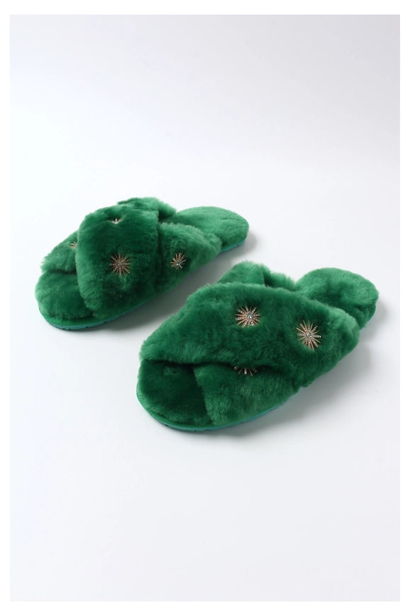 Sheepskin Slippers with Rhinestone-Shoes Slippers-Pissenlit-7-Kelly Green-Urbanheer