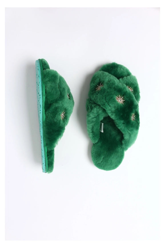 Sheepskin Slippers with Rhinestone-Shoes Slippers-Pissenlit-7-Kelly Green-Urbanheer