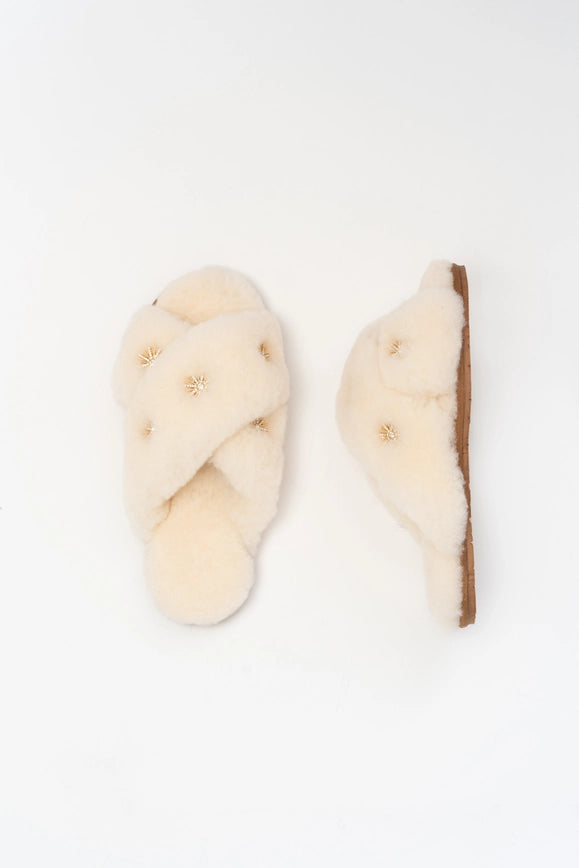 Sheepskin Slippers with Rhinestone-Slippers for Women-Pissenlit-Urbanheer
