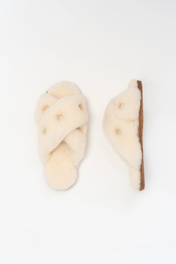 Sheepskin Slippers With Rhinestone-Slippers for Women-Pissenlit-7-Beige-Urbanheer