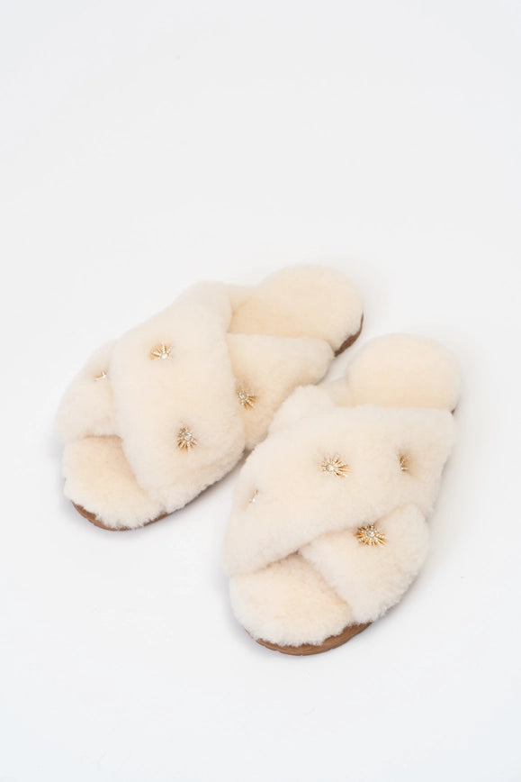 Sheepskin Slippers With Rhinestone-Slippers for Women-Pissenlit-7-Beige-Urbanheer