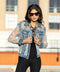 Sheer Floral Lace Sleeve Distressed Denim Jacket