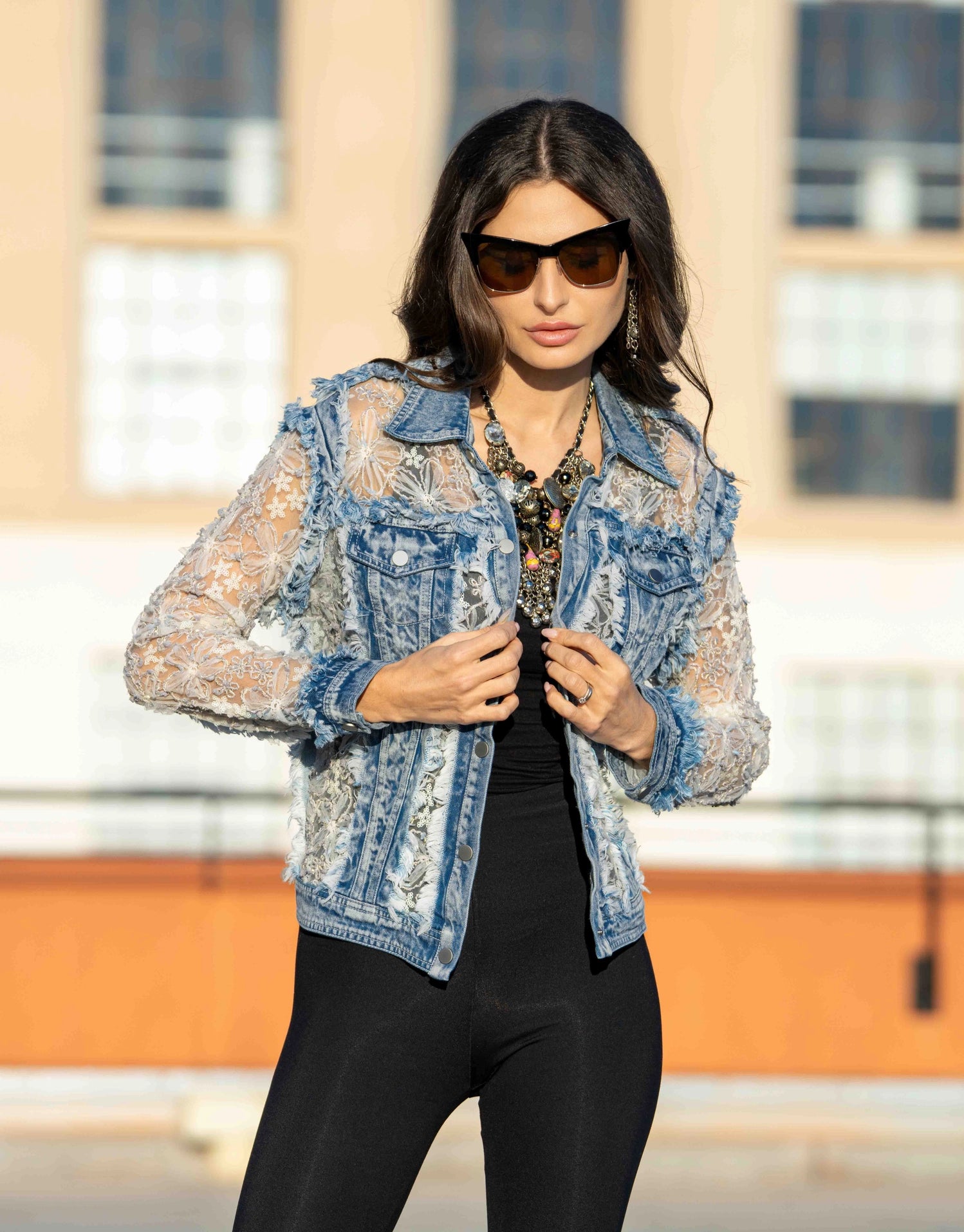 Sheer Floral Lace Sleeve Distressed Denim Jacket