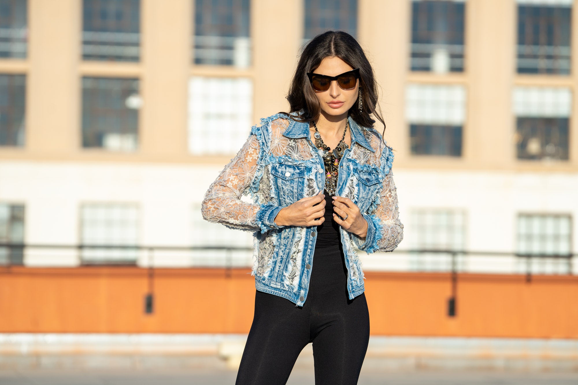 Sheer Floral Lace Sleeve Distressed Denim Jacket