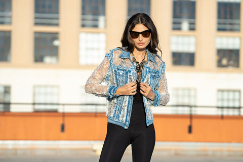 Sheer Floral Lace Sleeve Distressed Denim Jacket