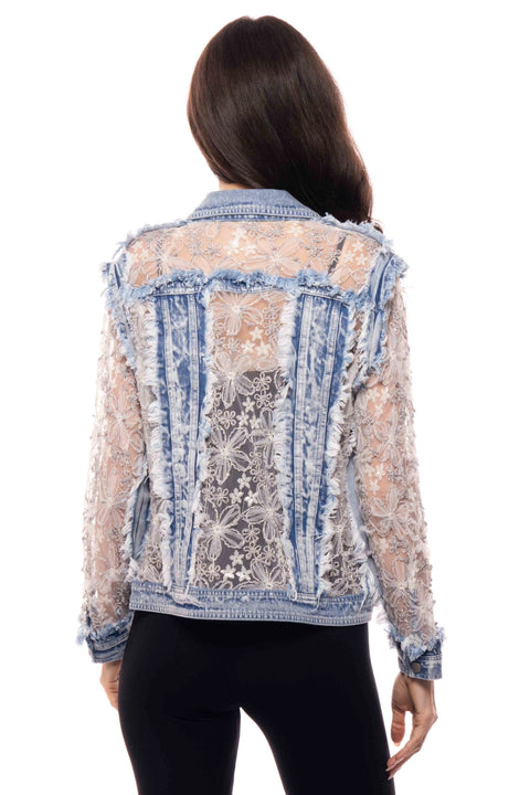 Sheer Floral Lace Sleeve Distressed Denim Jacket