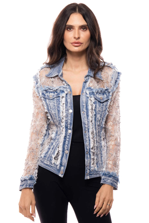 Sheer Floral Lace Sleeve Distressed Denim Jacket