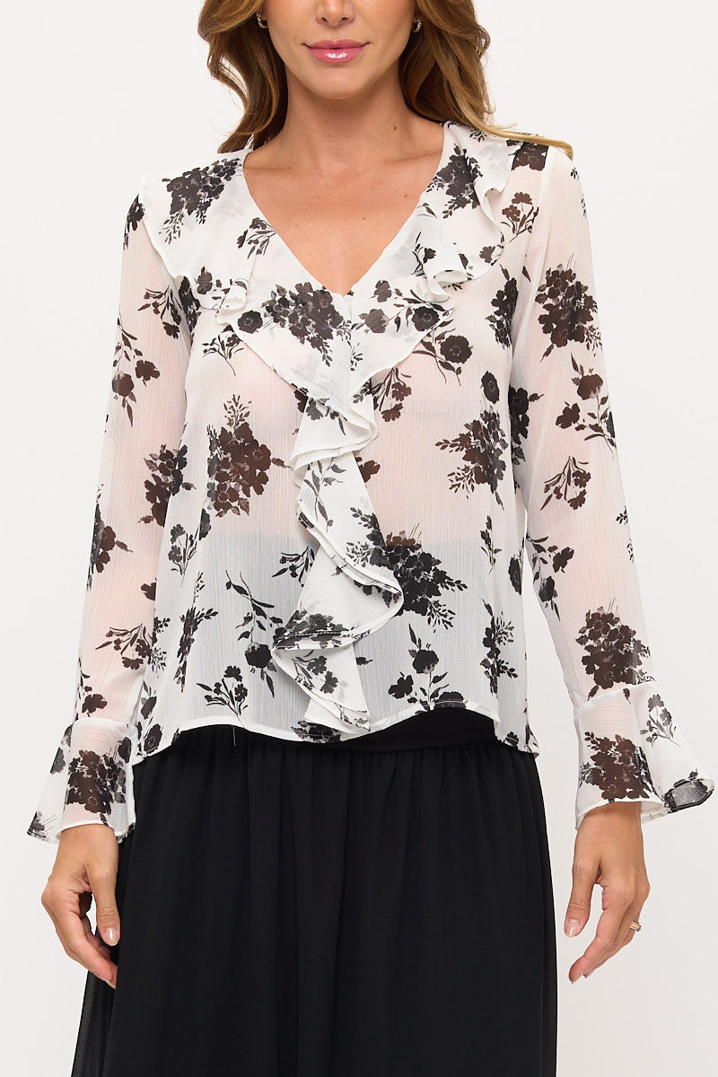 Sheer Floral V Neck Ruffle Top-1