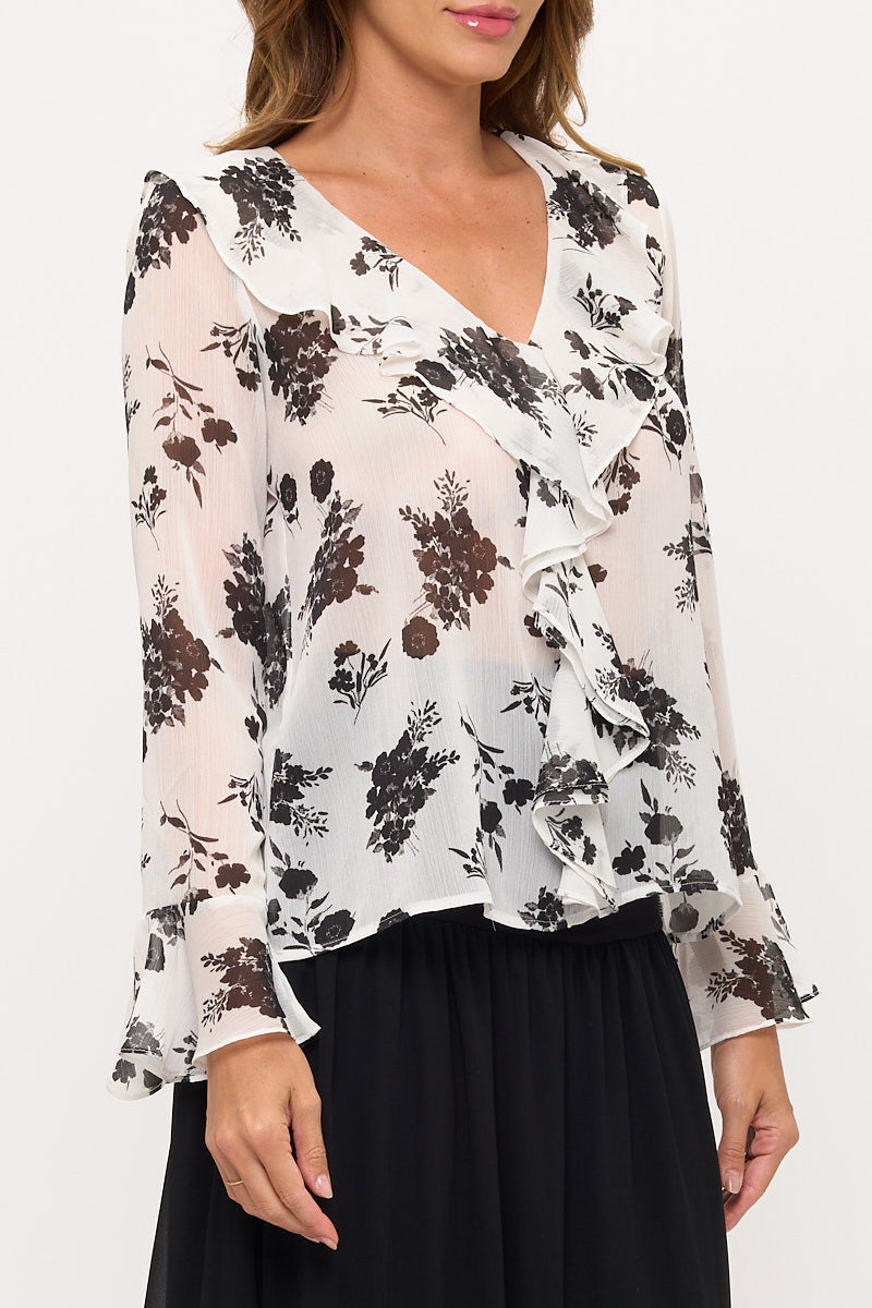 Sheer Floral V Neck Ruffle Top-2
