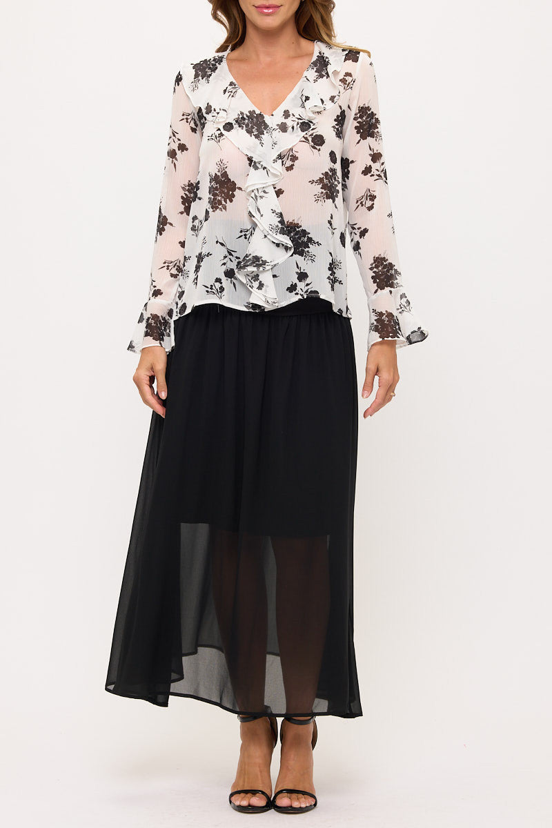 Sheer Floral V Neck Ruffle Top-4