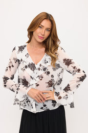 Sheer Floral V Neck Ruffle Top-0