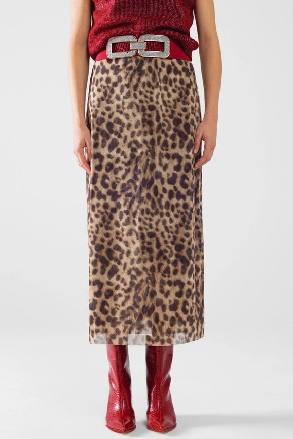 Sheer Long Leopard Print Bodycon Midi Skirt-Skirt-Q2-S-Brown-Urbanheer