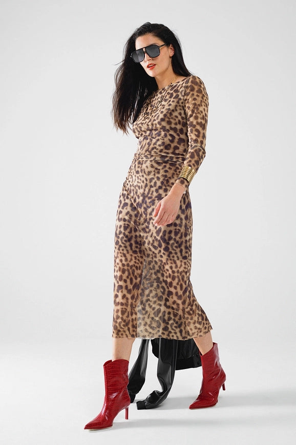 Sheer Long Sleeve Leopard Print Bodycon Midi Dress-Dress-Q2-S-Brown-Urbanheer