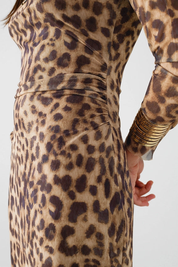 Sheer Long Sleeve Leopard Print Bodycon Midi Dress-Dress-Q2-S-Brown-Urbanheer