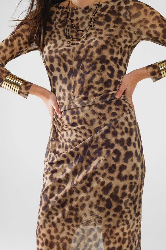 Sheer Long Sleeve Leopard Print Bodycon Midi Dress-Dress-Q2-S-Brown-Urbanheer